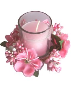 Lumanare roz in pahar de sticla cu ornament Feng Shui